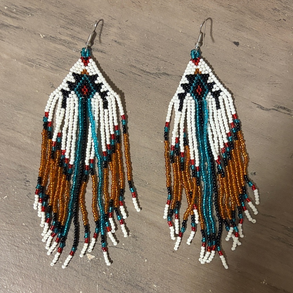 Handmade Teal, White & Gold Beaded Fringe Earrings